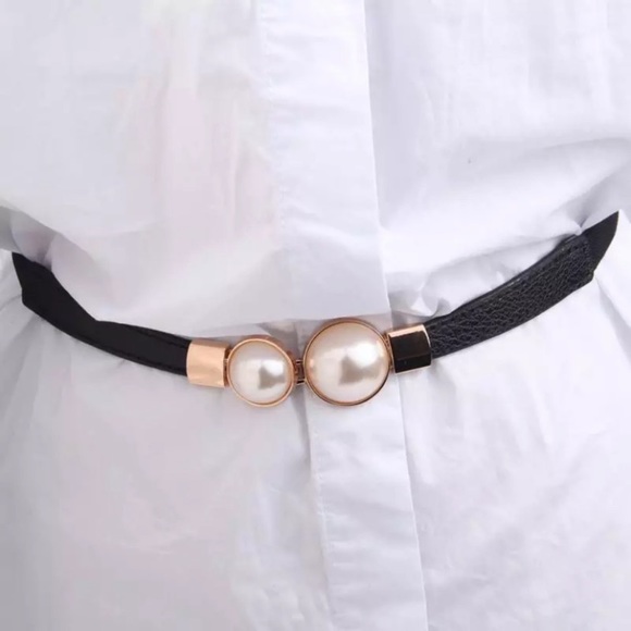 Accessories - Faux Pearl Stretch Belt Black Gold High Waist